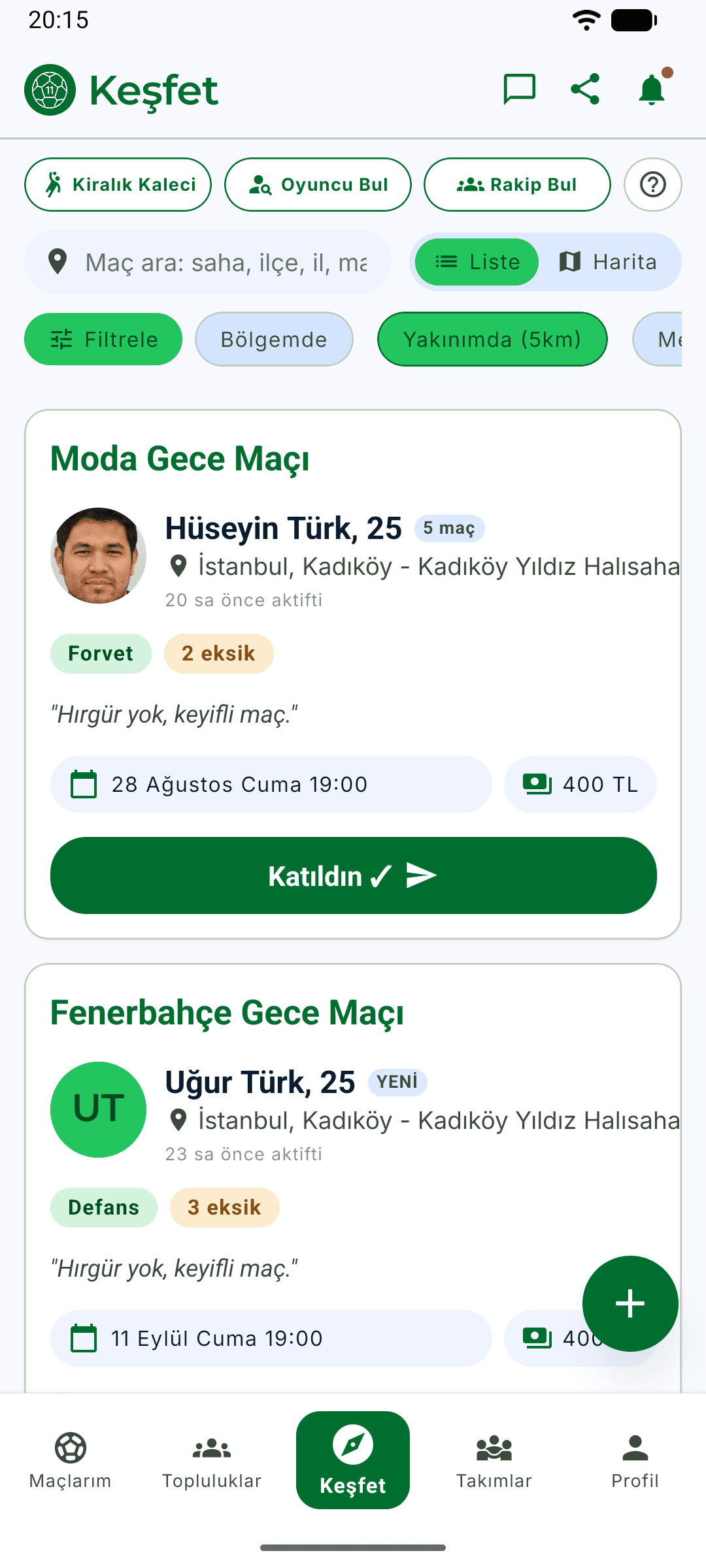 Eksik11 uygulamasının keşfet ekranı: yakındaki halı saha maçlarının listesi