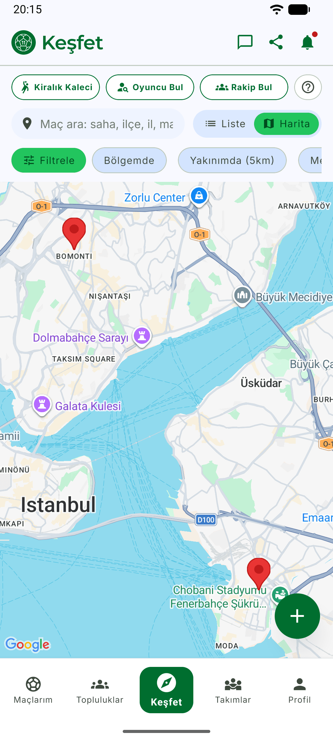Eksik11 harita ekranı: İstanbul üzerinde açık halı saha maçlarının konum işaretçileriyle gösterimi