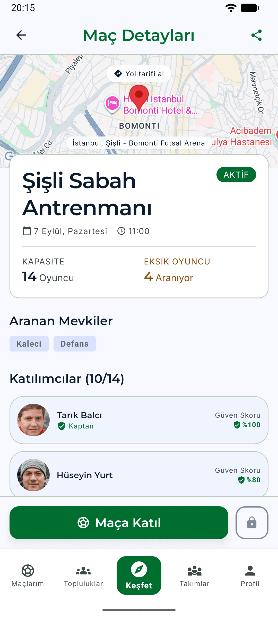 Eksik11 maç detay ekranı: sahanın haritadaki konumu, kapasite ve eksik oyuncu sayısı, aranan mevkiler ve katılımcıların güven skorları