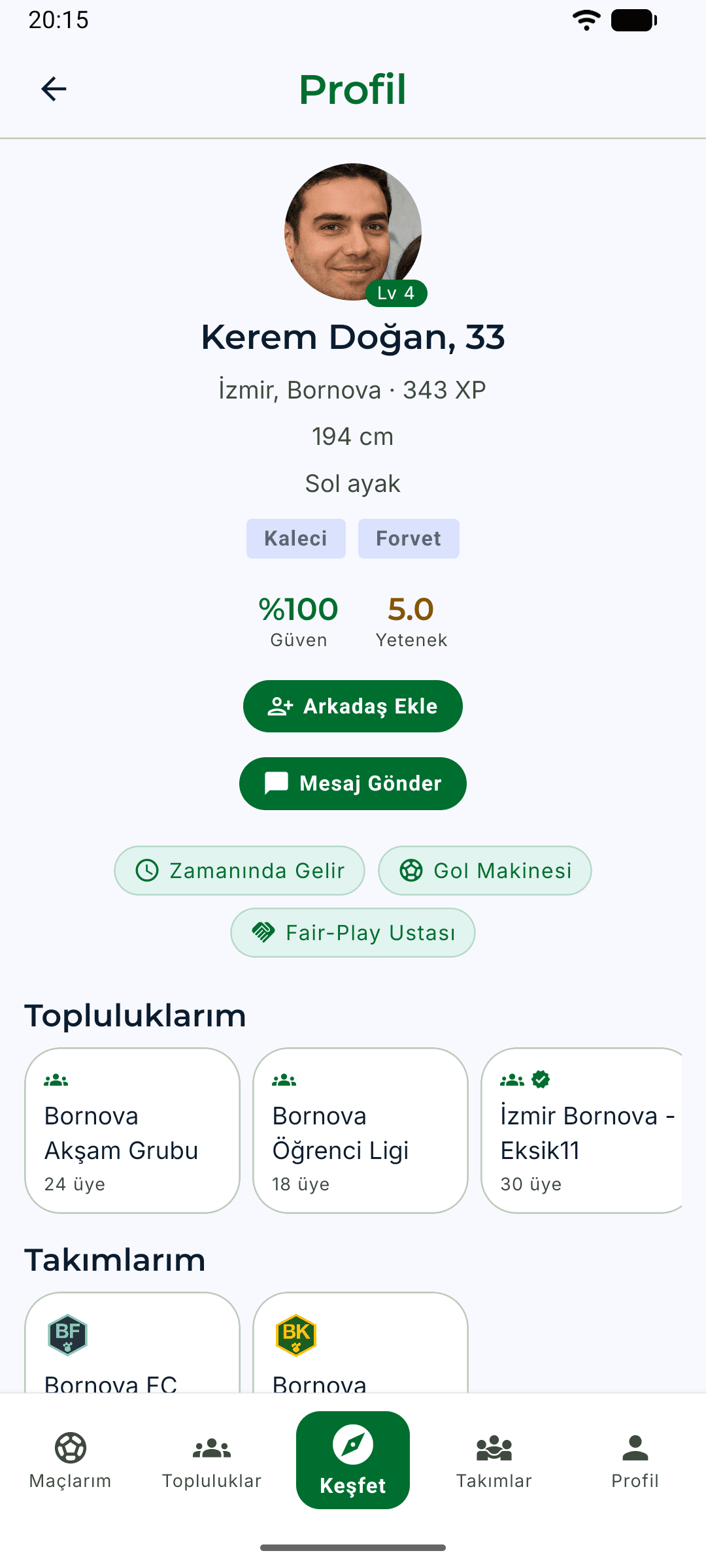 Eksik11 oyuncu profili ekranı: avatar, seviye, mevkiler, güven skoru, yetenek puanı ve kazanılan rozetler