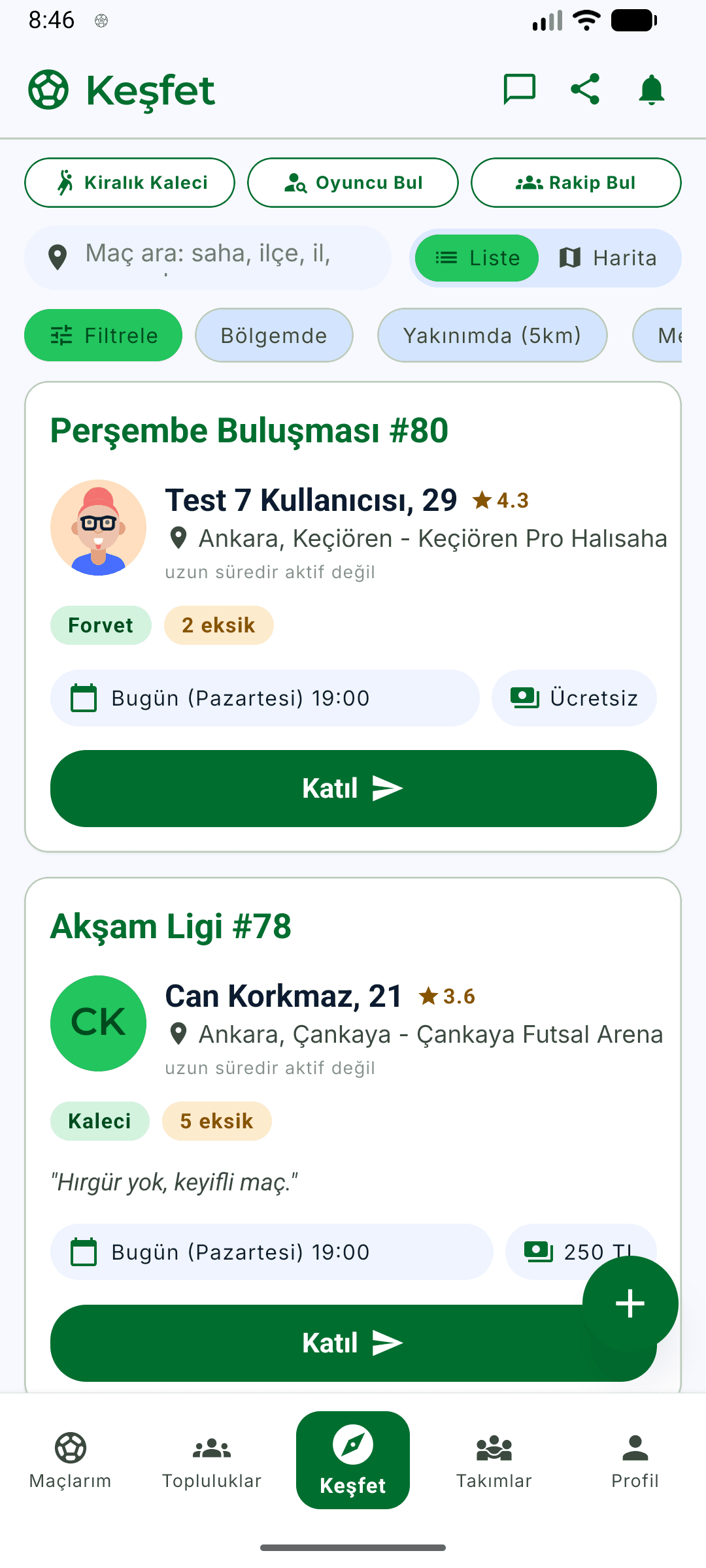 Eksik11 uygulamasının keşfet ekranı: yakındaki halı saha maçlarının listesi