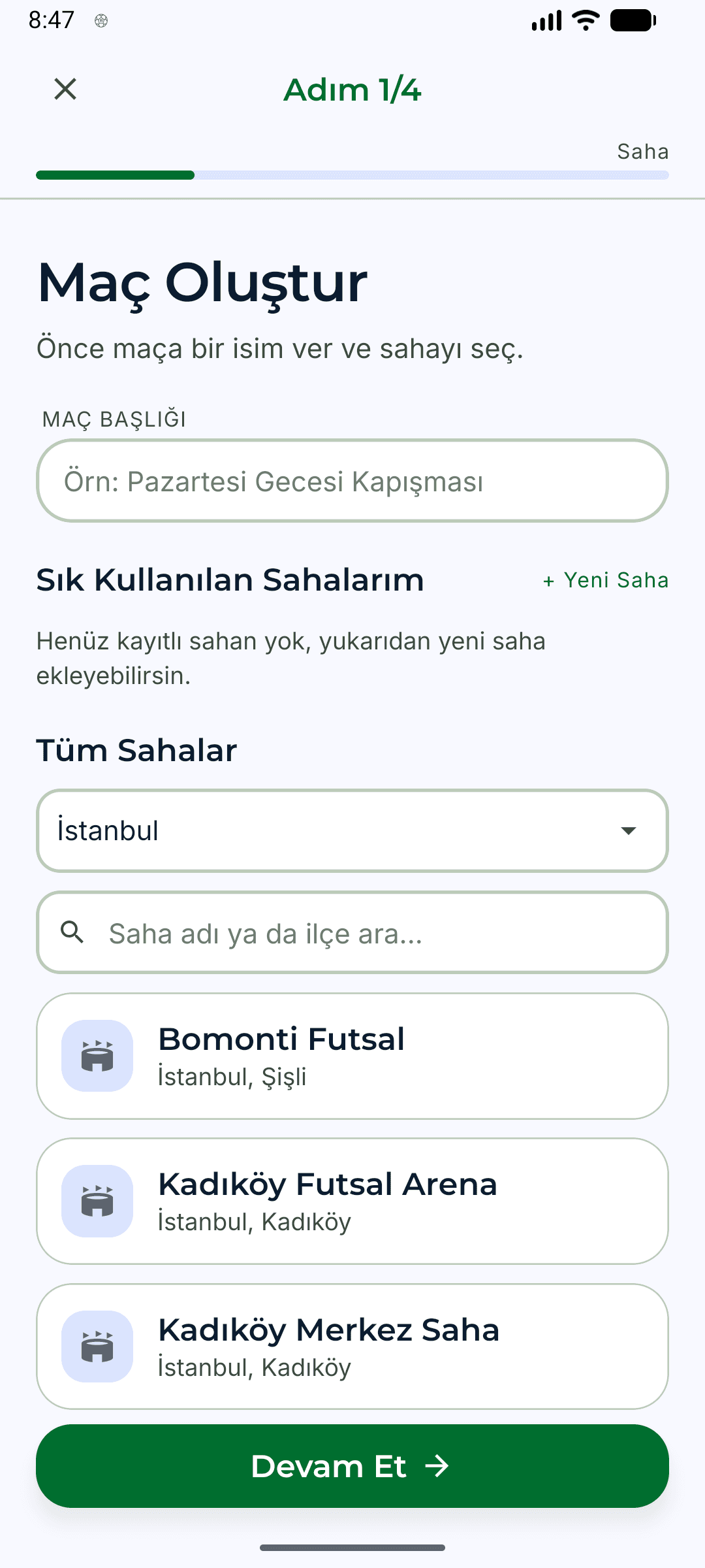 Eksik11 maç oluşturma ekranı: saha, tarih ve kadro bilgisi giriş adımı