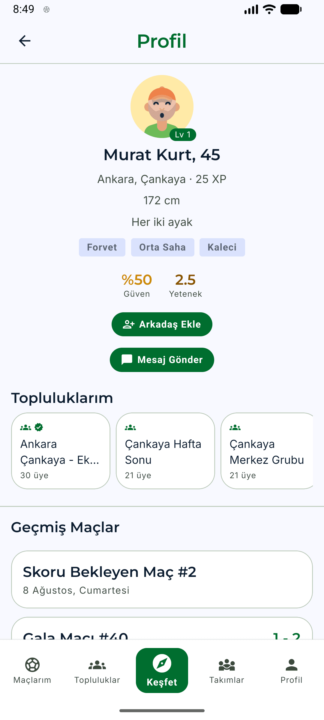 Eksik11 oyuncu profili ekranı: mevkiler, güven skoru, yetenek puanı ve maç geçmişi