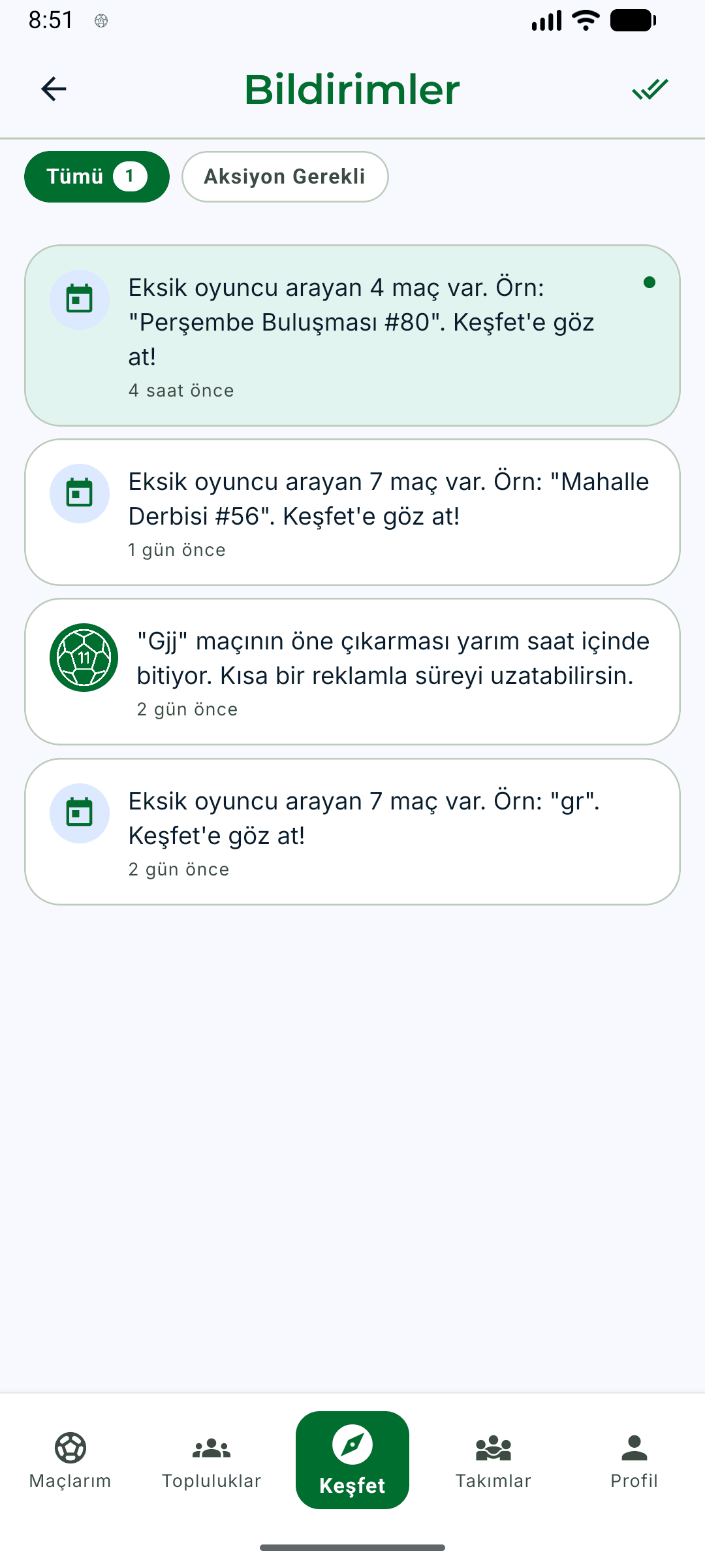 Eksik11 bildirimler ekranı: yeni uygun maç ve katılım isteği bildirimleri